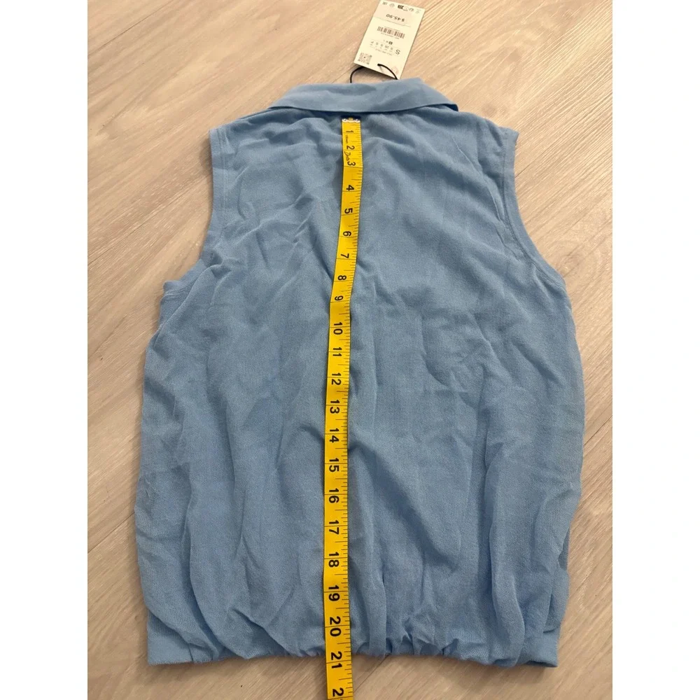 Zara Women Polo Top Sleeveless Knit Top Light Blue V-Neck Elastic Hem Size S NWT